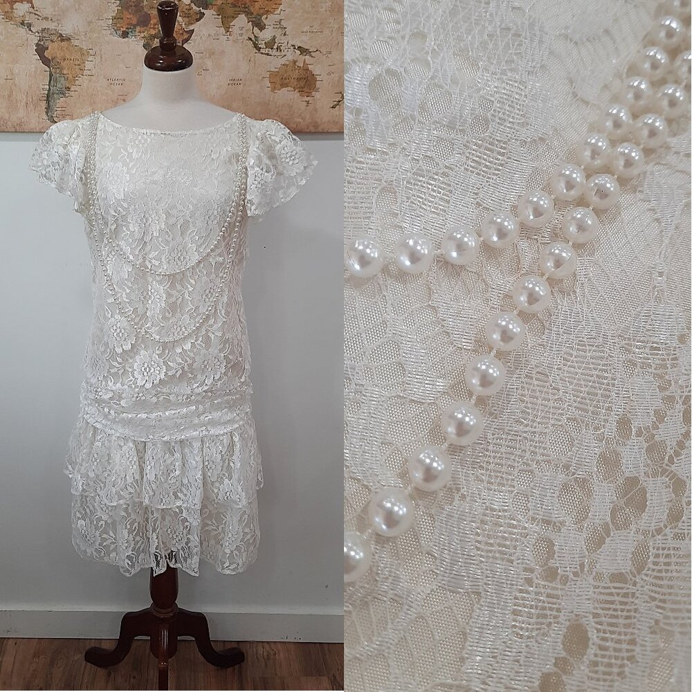 Vintage Lace White Midi Dress with Pearl Accents